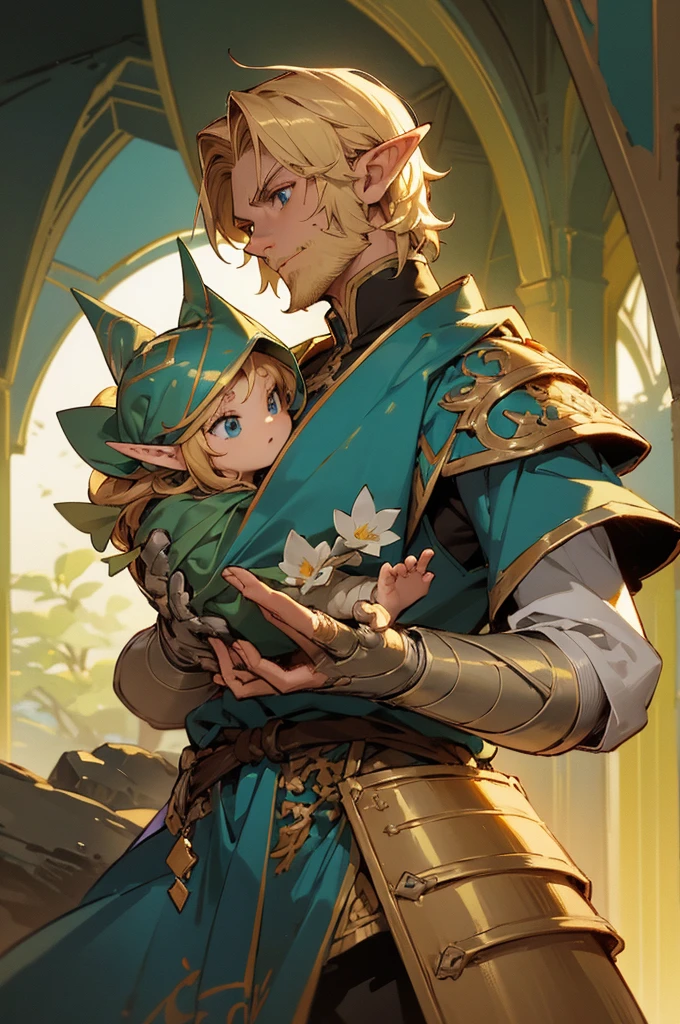 masterpiece, best quality, ultra high resolution, 1man, elven armor, male, fantasy illustration, elf, pointy ears, (old man), art by Kinema Citrus, (dirty blonde hair), baby blue eyes, wrinkles, short beard, perfect eyes
