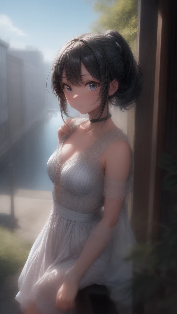 
The background is in the style of Makoto Shinkai, with the viewer sitting in nature under a clear blue sky.。

Hatsune Miku in a shoulder-baring dress。

The color of the dress is white。

A sexy, mature atmosphere reminiscent of Minato Ward girls。

Hair is straight。