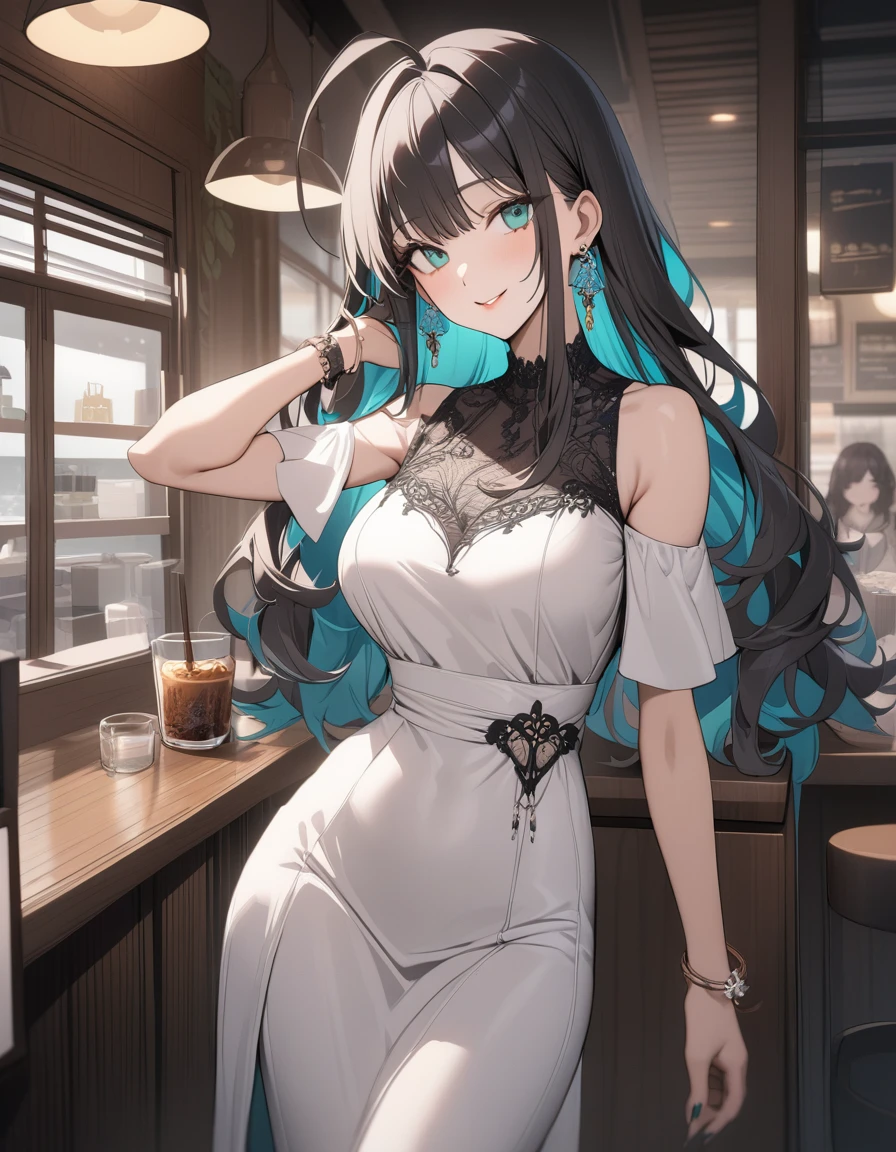 (Highest quality:1.2, three-dimensional, High Detail, masterpiece:1.2, Best aesthetics), (1 girl), Beautiful woman, Beautiful detailed eyes, Beautiful detailed lips, Highly detailed face, Delicate depiction of hair and eyes, Detailed Fashion, (detailed background:1.2) ((Portraiture, Cowboy Shot)), Aqua Eye, huge ahoge, Mouth open, Earrings, View your viewers, breasts, upper body, full body from knees to head, gaze away, gaze into the distance, smile lightly, fancy nails, in Sibuya city, in the cafe, bracelet, long hair, color inner hair, dark hair, one-piece dress, standing