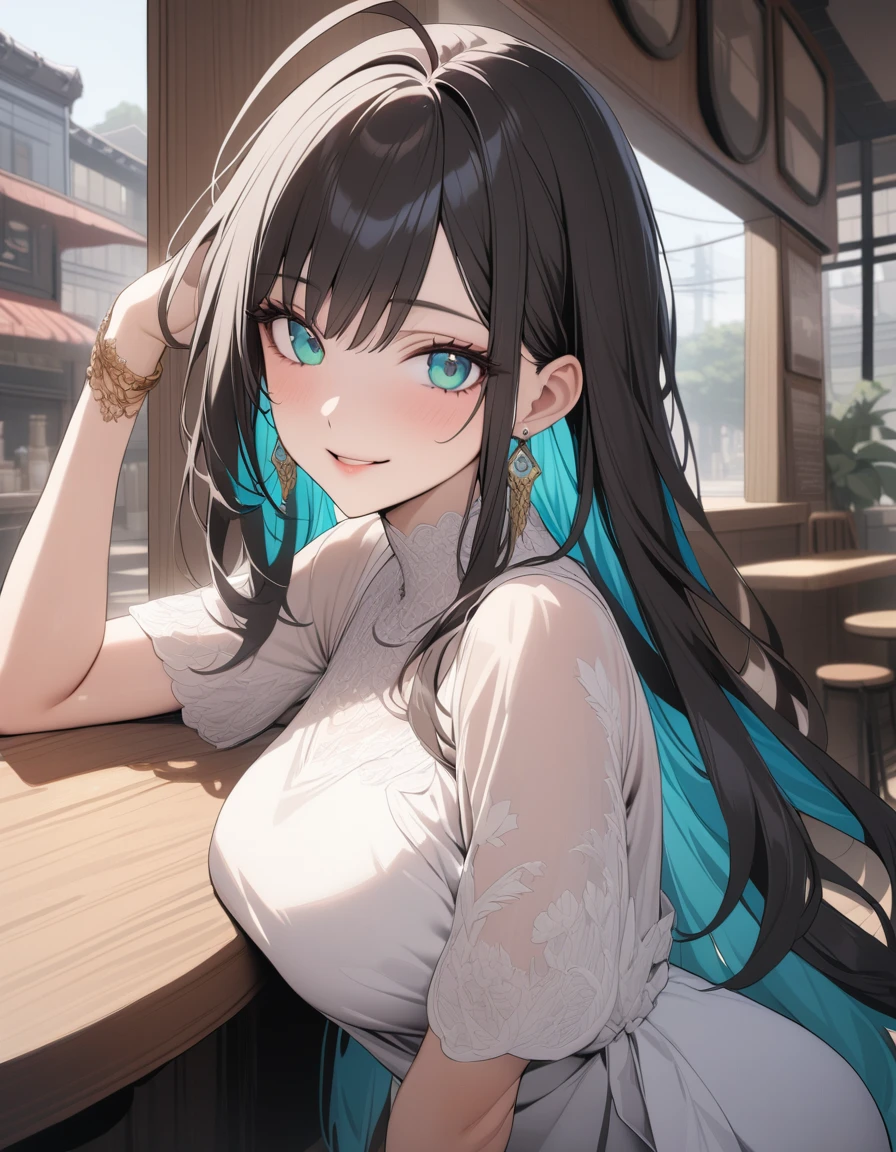 (Highest quality:1.2, three-dimensional, High Detail, masterpiece:1.2, Best aesthetics), (1 girl), Beautiful woman, Beautiful detailed eyes, Beautiful detailed lips, Highly detailed face, Delicate depiction of hair and eyes, Detailed Fashion, (detailed background:1.2) ((Portraiture, Cowboy Shot)), Aqua Eye, huge ahoge, Mouth open, Earrings, View your viewers, breasts, upper body, full body from knees to head, gaze away, gaze into the distance, smile lightly, fancy nails, in Sibuya city, in the cafe, bracelet, long hair, color inner hair, dark hair, one-piece dress, standing