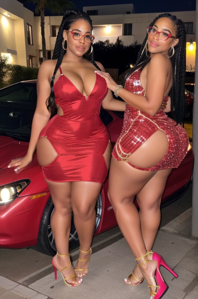 3 girls,  looking light skinned African American , with box braids, glasses, huge big  , big thick ass, cute, sexy, beautiful face, wearing sparkly red dress, clear colored high heels, wearing ring earring, taking pictures in front of red lambo, 4k quality, night time, beautiful stars in sky, make up on her face, school prom,