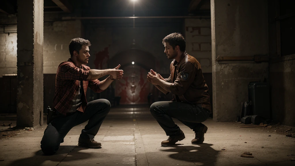 A bloody man points a gun at a man who kneels and raises both hands, hd realistic