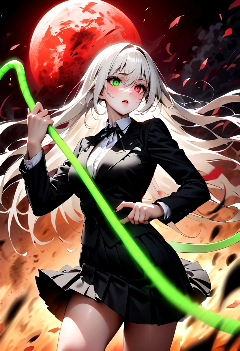 Japanese Anime，1 girl swinging a whip，White long haire  butterflys，Anime style，body movements，Sense of Power，Force Value，(((Heterochromia：1.37)))，(((Black pleated skirt，)))，Elegant Posture、Red Moon、dark purple tones，Elegant and atmospheric。，(((Fluorescent green whip：1.37。Motion blurred，Motion Blur)))，Petals in the sky，Blurred foreground，Face Focus