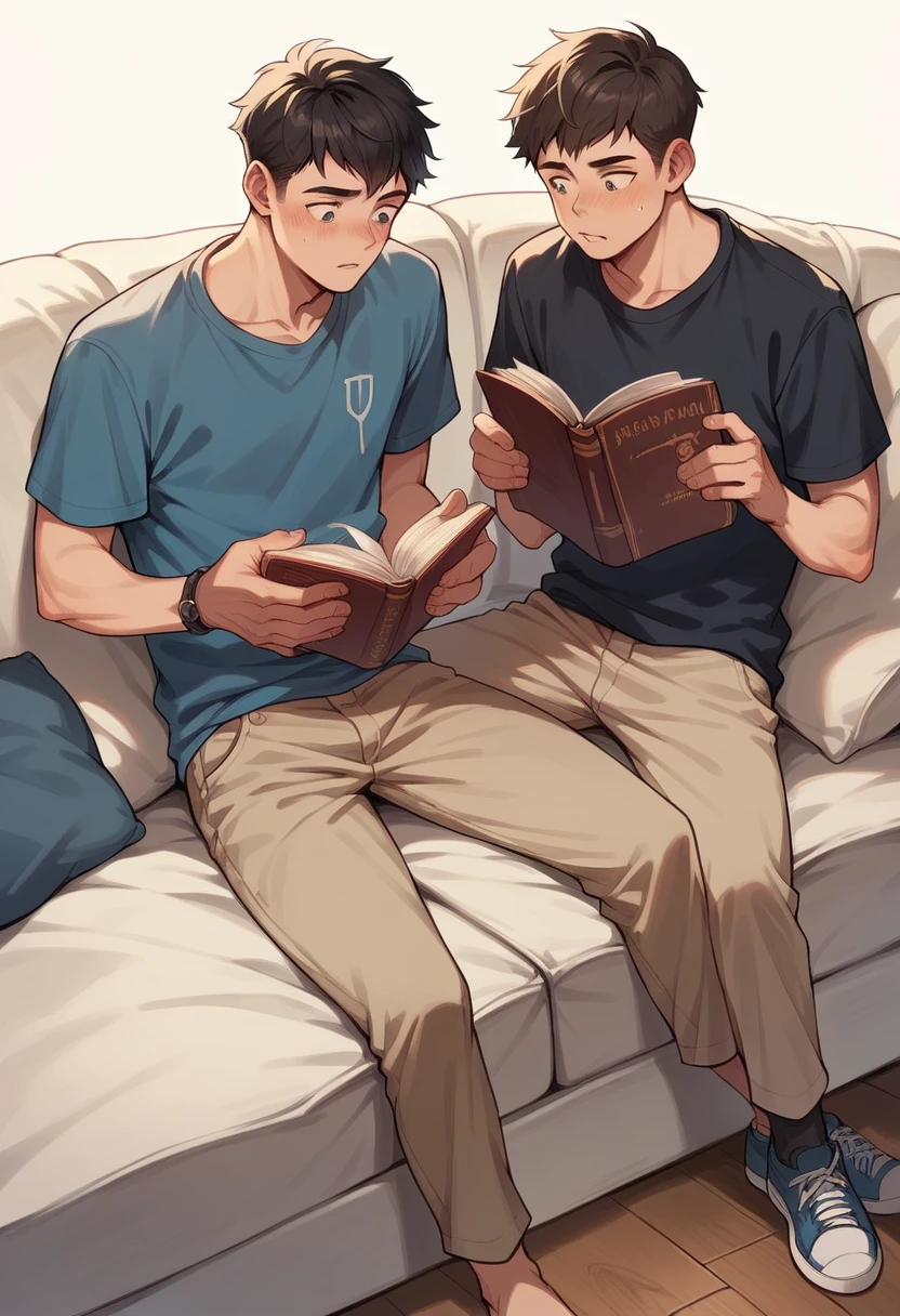 2 teenage boys 15 years old, 1 guy sitting on the couch, 2 guy sitting near the sofa and reading a book, while it's raining outside