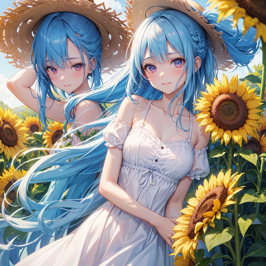 Sky blue hair, Braided Ponytail,(Pink Eyes),Fair skin ,(whole body),(One girl),summer,Sunflower field,White dress,Straight bangs,Happy smile,Straw hat,(masterpiece, Highest quality, Very detailed, Best Shadow), (Detailed Background), (Beautifully detailed face), High Contrast, (Best lighting, Very delicate and beautiful), ((Cinematic Light)), colorful, Hyper Detail, Dramatic Light, Intricate details,summerの暑い日差し,