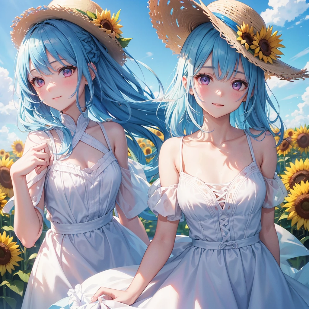 Sky blue hair,braid,(Pink Eyes),Fair skin ,(whole body),(One girl),buzzer,Sunflower field,White dress,blunt bangs,Wiping away sweat,wink,Straw hat,(masterpiece, Highest quality, Very detailed, Best Shadow), (Detailed Background), (Beautifully detailed face), High Contrast, (Best lighting, Very delicate and beautiful), ((Cinematic Light)), colorful, Hyper Detail, Dramatic Light, Intricate details,buzzerの暑い日差し,