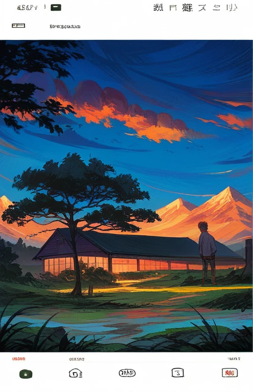 "Create a stunning hyper-realistic landscape featuring an anime-inspired sky , adorned with majestic mountains. In the foreground, depict a young man standing proudly next to his bike, capturing the essence of adventure and tranquility."