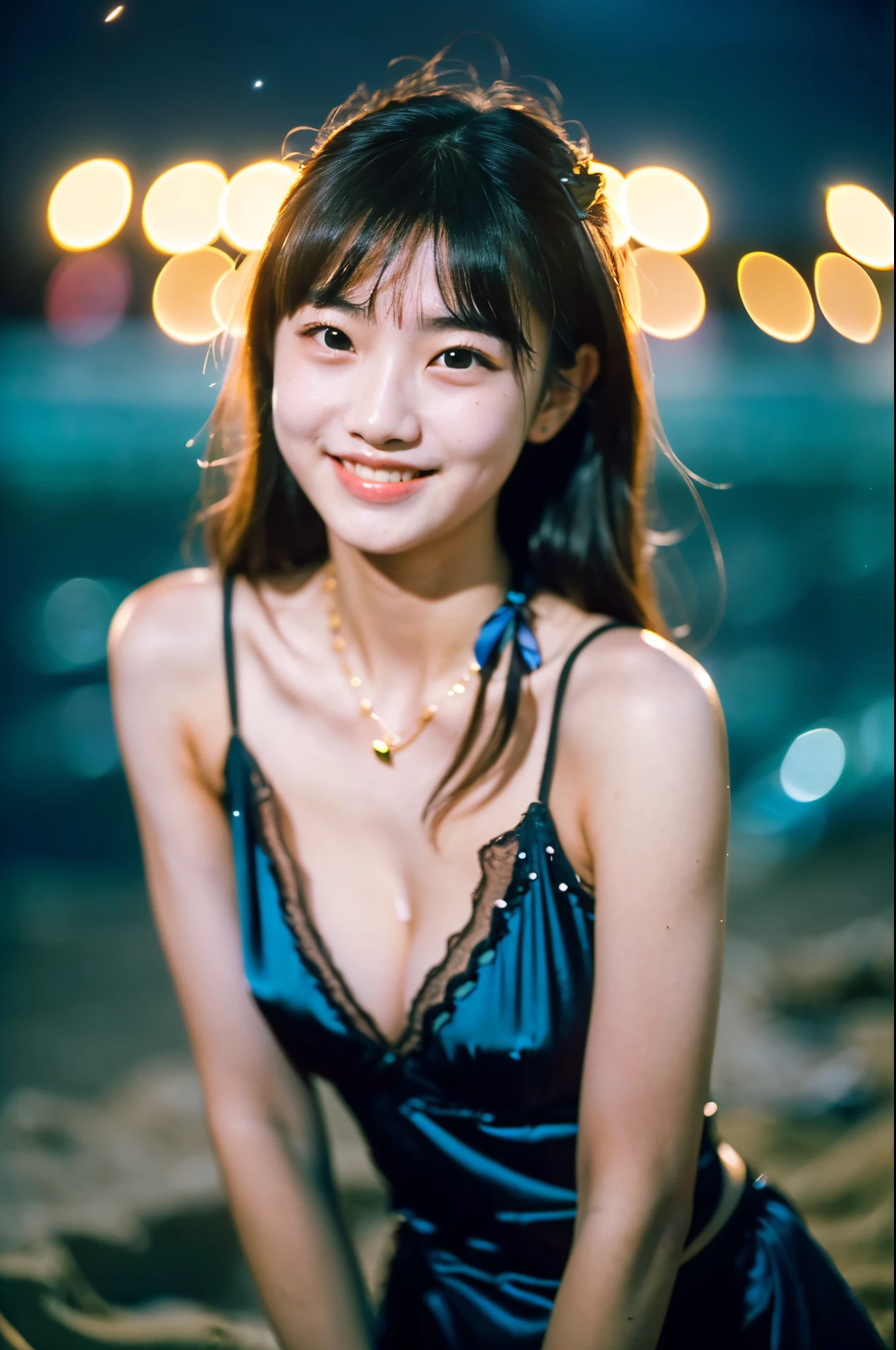 A 20-year-old woman with a very cute face like an idol、Smiling Kindly、((leica 50 mm prime lens, cinestill 800T film))、((cinematic lighting))、(Cleavage)、one piece、(((Beautiful starry sky on the beach at night)))、((Very dim lighting))、((Don&#39;t expose your face to the light))、((Long-distance shot))、(live-actionと見分けがつかない高品質)、RAW Photos、Genuine、live-action、(Artistic Expression)、High resolution、masterpiece