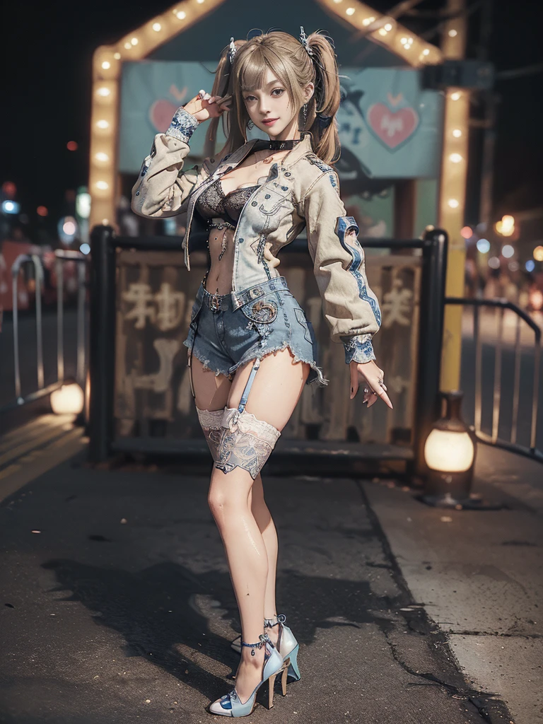 (Full Body View:1.4)、(Side view:1.2)、(Smiling with teeth showing:1.3),(Shibuya Gal:1.5)、(Hostess:1.4)、(Neo-goth fashion:1.5)、(Punk RockVisual Kei:1.3)、(Futuristic bodysuit in white, beige and denim with embellishments:1.5)、(A delicate short jacket in denim, beige and navy:1.5)、(Denim garter belt:1.5)、(Tattered denim and a white micro mini skirt:1.3)、(Heart-shaped silver accessories:1.5)、(Brown Skin Belt:1.4)、(Blue High Heels:1.4)、(Lace patterned underwear:1.4)、20-year-old、NSFW,((Highest quality、In 8K、masterpiece:1.3))、Sharp focus:1.2、(Layered Cut、Huge boobs:1.1),Beautiful woman with perfect figure:1.4、(Doing an aerobics pose:1.3)、Slender Abs:1.2、Butt、Highly detailed face and skin texture、Detailed eyes、double eyelid,(Twin tails:1.3)、(Brown-golden hair:1.3)、Obscene、Gravure idol、(Luxurious amusement park at night:1.3)、(Make your legs thinner:1.4)、(Thin thighs:1.4)、(Slim body:1.3)、(clavicle:1.1)