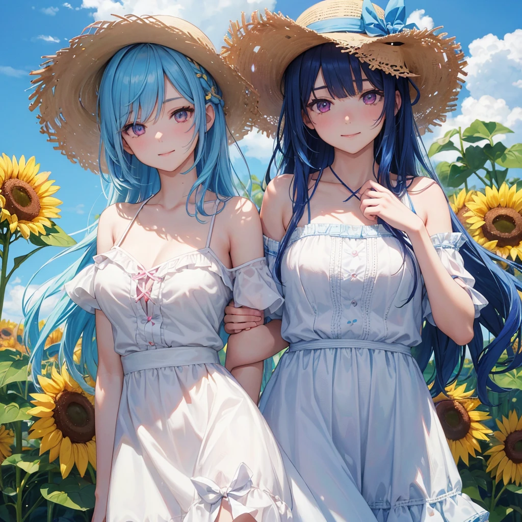 Sky blue hair, Braided Ponytail,(Pink Eyes),Fair skin ,(whole body),(One girl),summer,Sunflower field,White dress,Straight bangs,Happy smile,Straw hat,(masterpiece, Highest quality, Very detailed, Best Shadow), (Detailed Background), (Beautifully detailed face), High Contrast, (Best lighting, Very delicate and beautiful), ((Cinematic Light)), colorful, Hyper Detail, Dramatic Light, Intricate details,summerの暑い日差し,