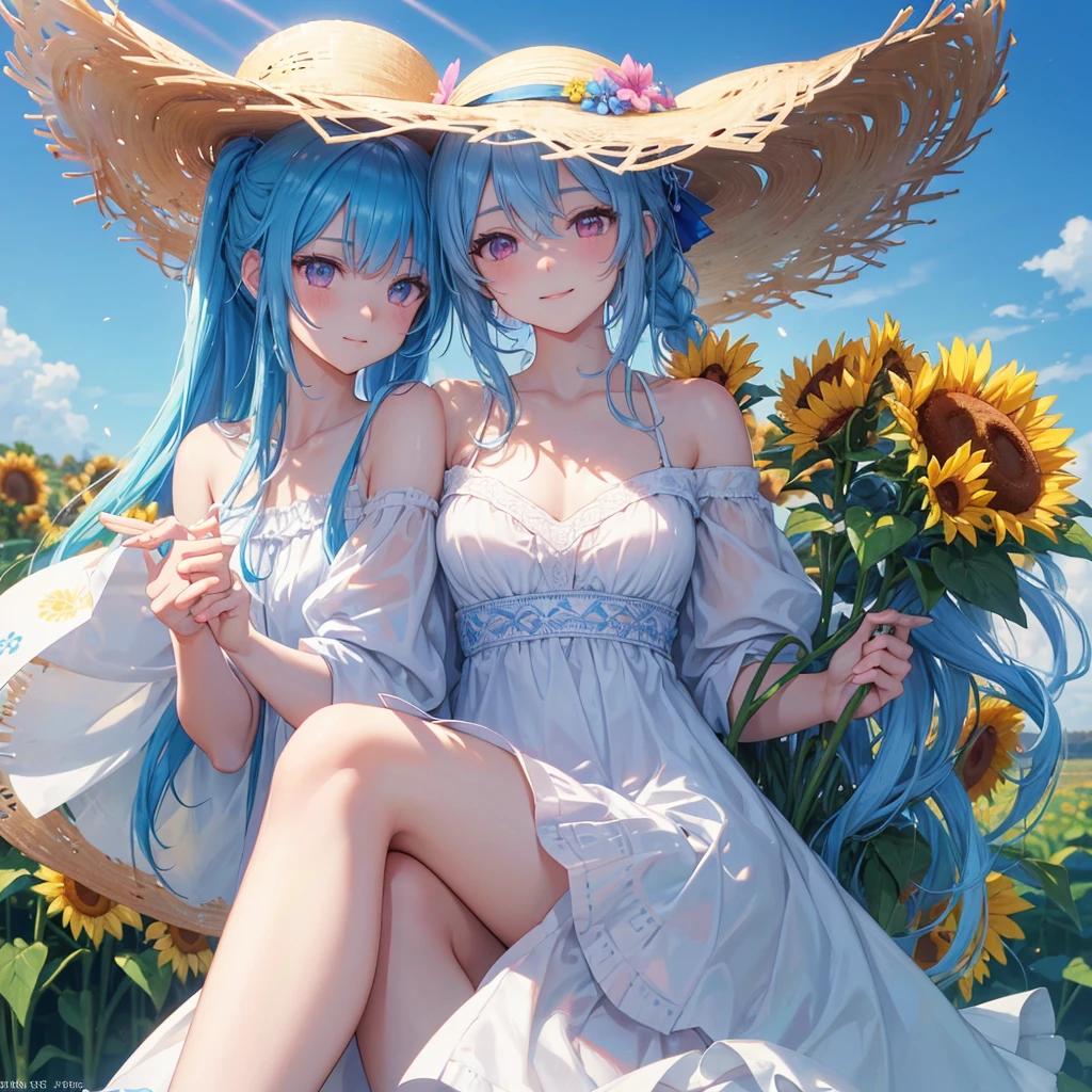 Sky blue hair, Braided Ponytail,(Pink Eyes),Fair skin ,(whole body),(One girl),summer,Sunflower field,White dress,Straight bangs,Happy smile,Straw hat,(masterpiece, Highest quality, Very detailed, Best Shadow), (Detailed Background), (Beautifully detailed face), High Contrast, (Best lighting, Very delicate and beautiful), ((Cinematic Light)), colorful, Hyper Detail, Dramatic Light, Intricate details,summerの暑い日差し,
