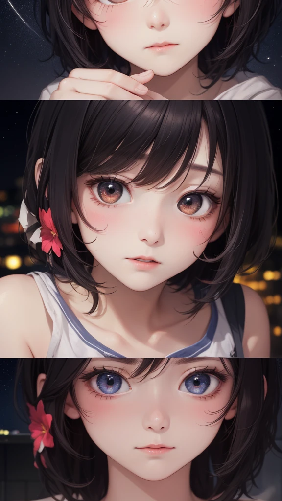 High detail, Super detailed, Ultra-high resolution,A girl whose face went red after being confessed to on the roof of a building, The background is a beautiful starry sky with colorful stars., looking at the camera, Delicate face, Add a playful touch ,Embarrassed face、Short black hair、Embarrassed face、I&#39;m so happy I love it