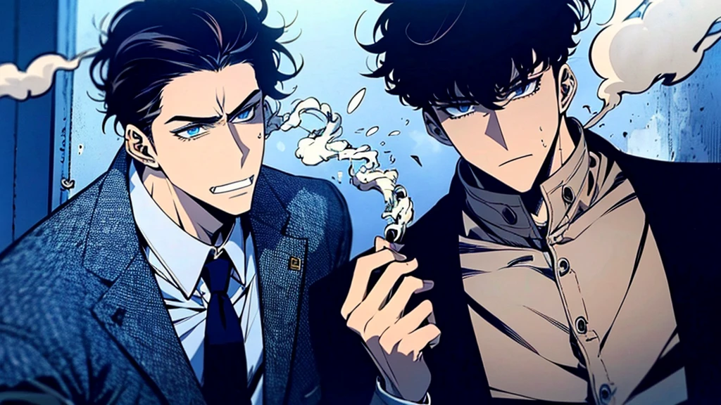 1 boy , black hair , blue eyes , Smoking , bad boy , mafia , wearing a black suit , wound , Masterpiece , best quality , smoke , Blood stains. , Handsomeness , Good skin , nonsense , cool ,