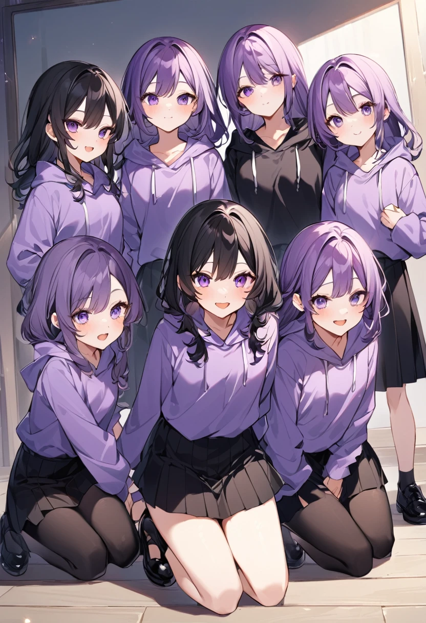 Keito。Purple hoodie。Black Skirt。Purple Eyes。Black Hair。Black shoes下。Black shoes。6 sistery eldest daughter has lavender hair.。all female。Sextuplets