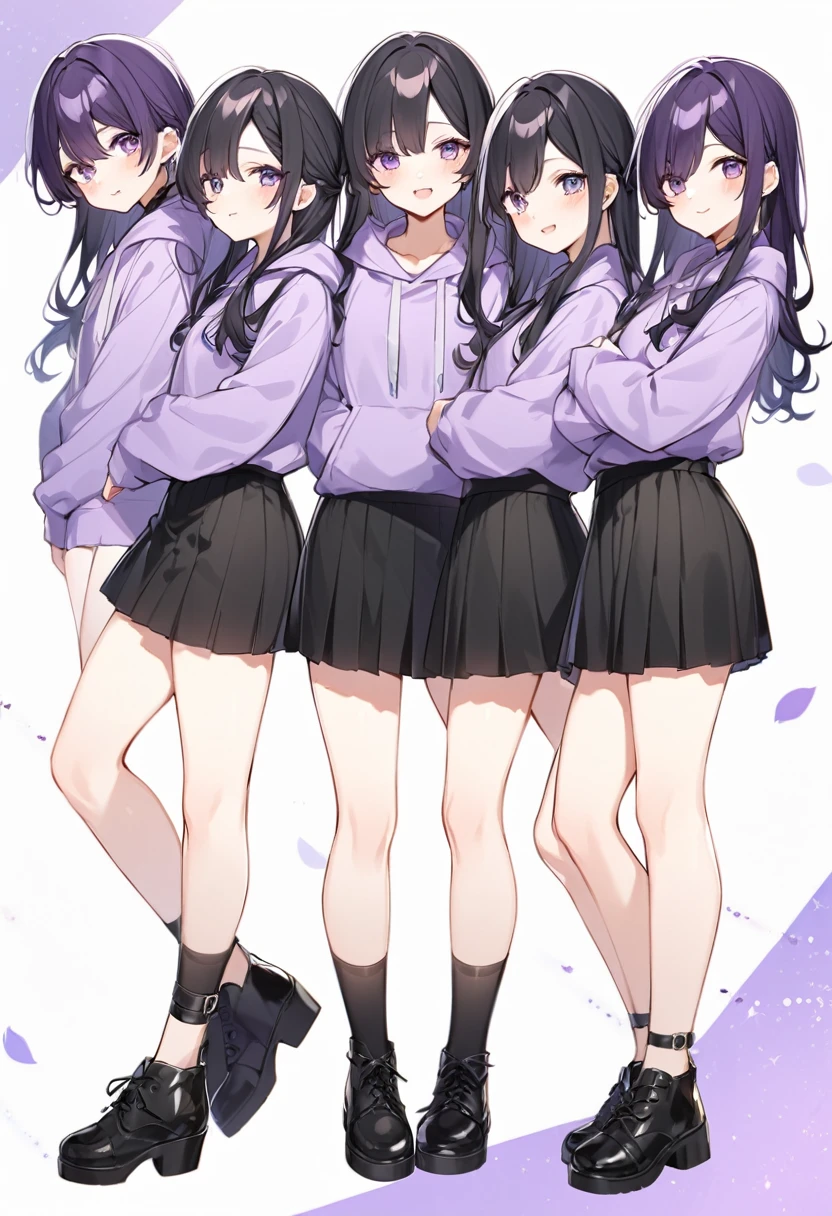 Keito。Purple hoodie。Black Skirt。Purple Eyes。Black Hair。Black shoes下。Black shoes。6 sistery eldest daughter has lavender hair.。all female。Sextuplets