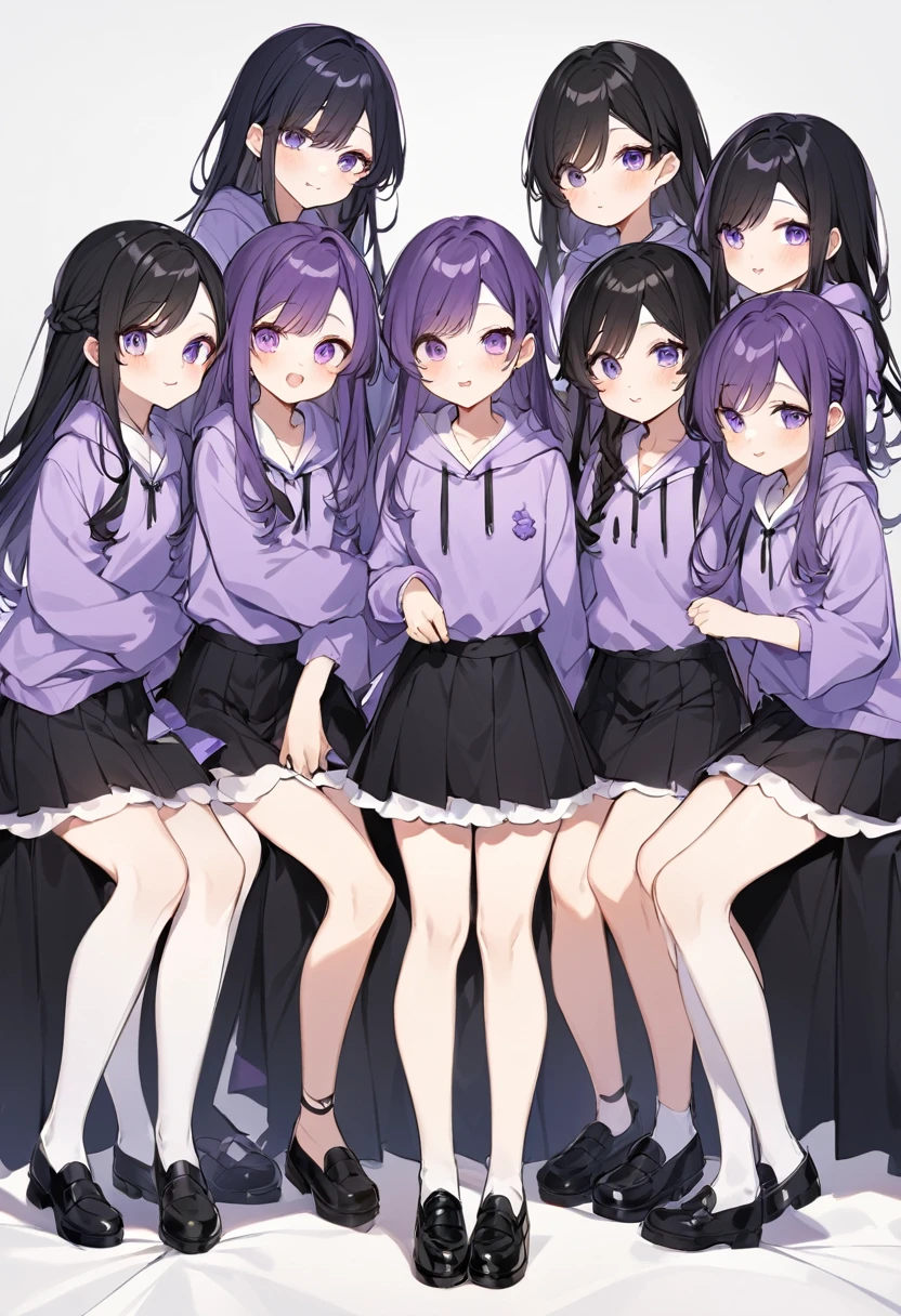 Keito。Purple hoodie。Black Skirt。Purple Eyes。Black Hair。Black shoes下。Black shoes。6 sistery eldest daughter has lavender hair.。all female。Sextuplets