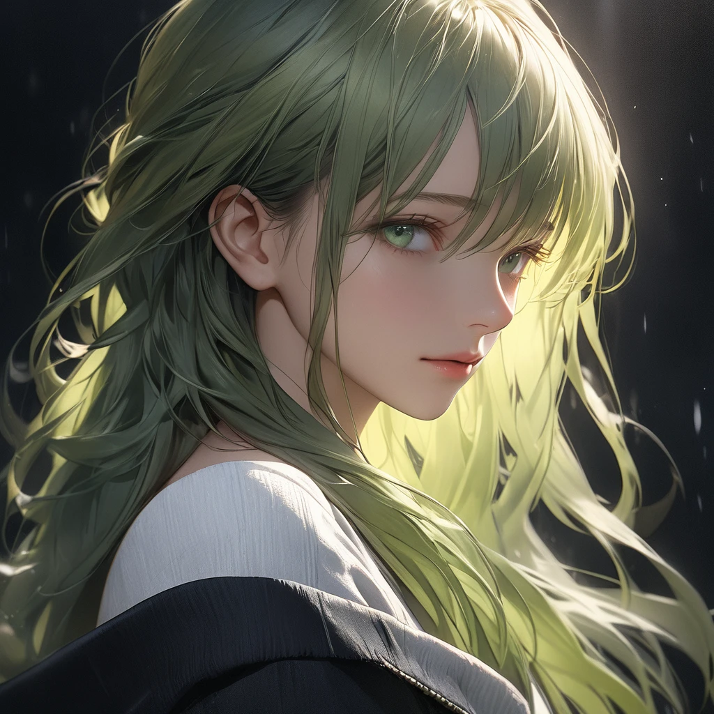 Best quality, masterpiece, ultra high res, (photorealistic:1.4), raw photo, 1man, offshoulder, in the dark, deep shadow, low key, cold light, detailed skin, green eyes, green hair, upper body, long hair