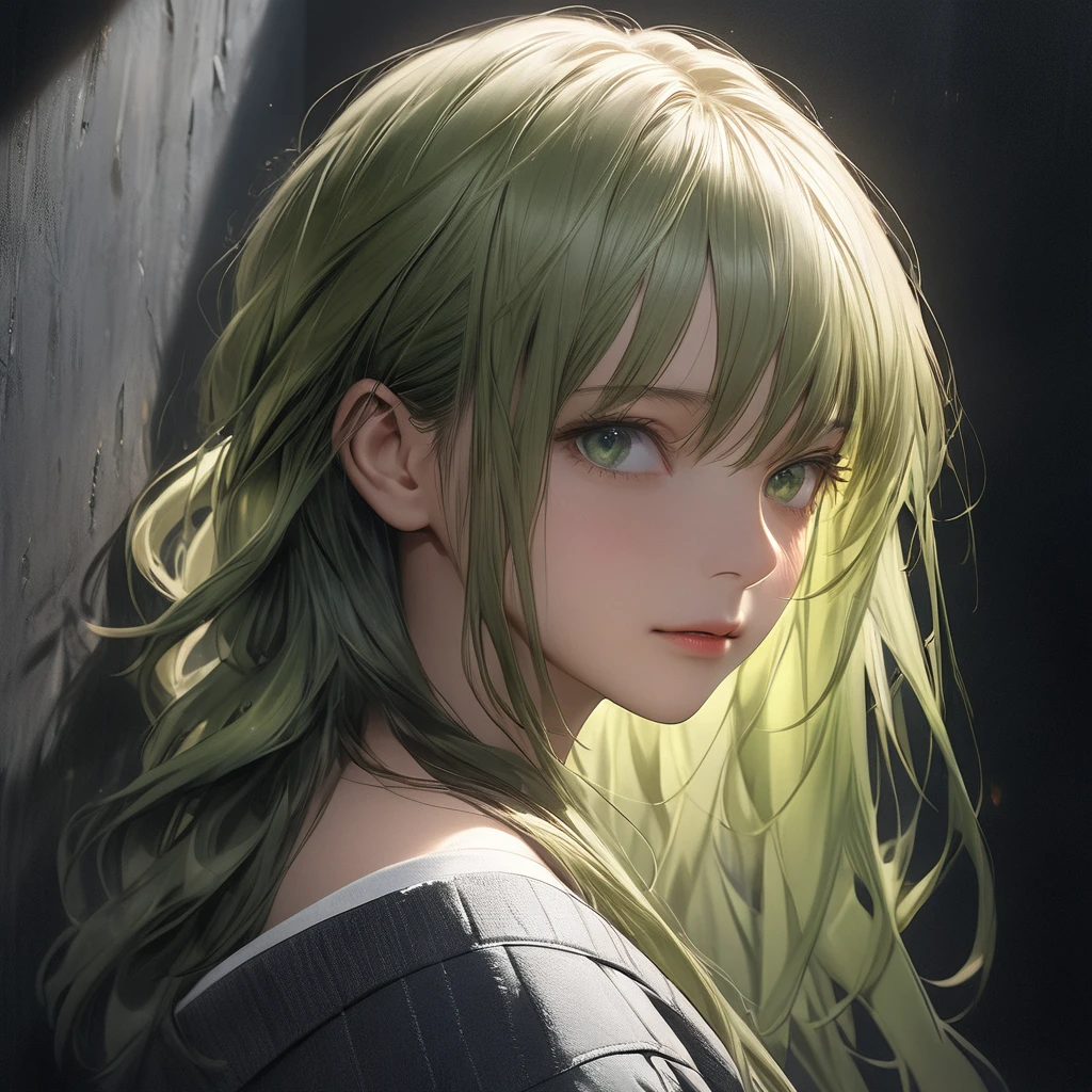 Best quality, masterpiece, ultra high res, (photorealistic:1.4), raw photo, 1man, offshoulder, in the dark, deep shadow, low key, cold light, detailed skin, green eyes, green hair, upper body, long hair