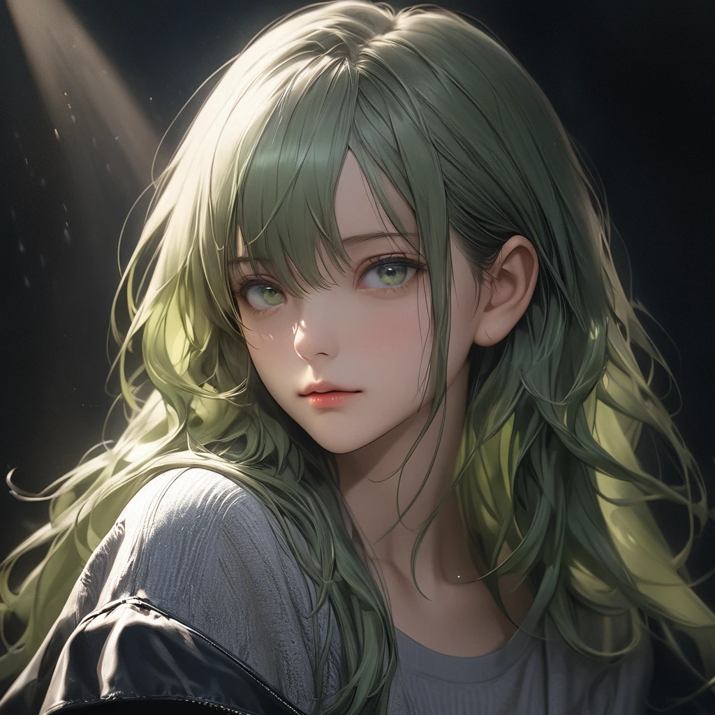 Best quality, masterpiece, ultra high res, (photorealistic:1.4), raw photo, 1man, offshoulder, in the dark, deep shadow, low key, cold light, detailed skin, green eyes, green hair, upper body, long hair