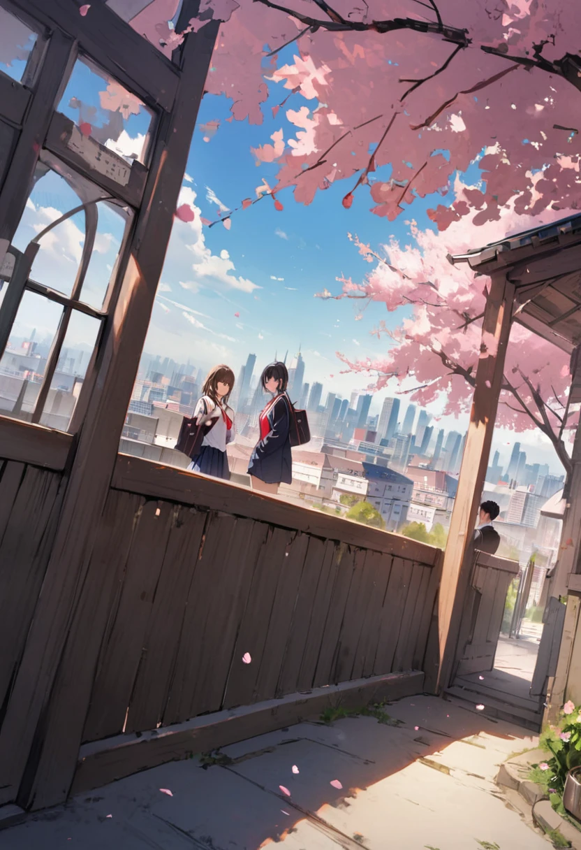 School、Outside classroom building、background、landscape、Dynamic Angle、masterpiece、best quality、ultra-detail、modern、City、cherry blossoms、School building、window、clock、Lots of students、school gate
