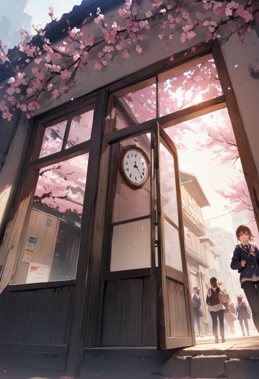 School、Outside classroom building、background、landscape、Dynamic Angle、masterpiece、best quality、ultra-detail、modern、City、cherry blossoms、School building、window、clock、Lots of students、school gate