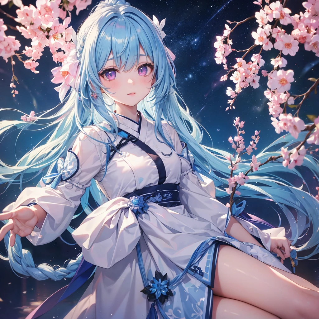 Sky blue hair, Braided Ponytail,(Pink Eyes),Fair skin ,(whole body),(One girl),Hanfu,Tanabata,(The beautiful, sparkling Milky Way in the night sky),Hollow Eyes,Straight bangs,(masterpiece, Highest quality, Very detailed, Best Shadow), (Detailed Background), (Beautifully detailed face), High Contrast, (Best lighting, Very delicate and beautiful), ((Cinematic Light)), colorful, Hyper Detail, Dramatic Light, Intricate details,