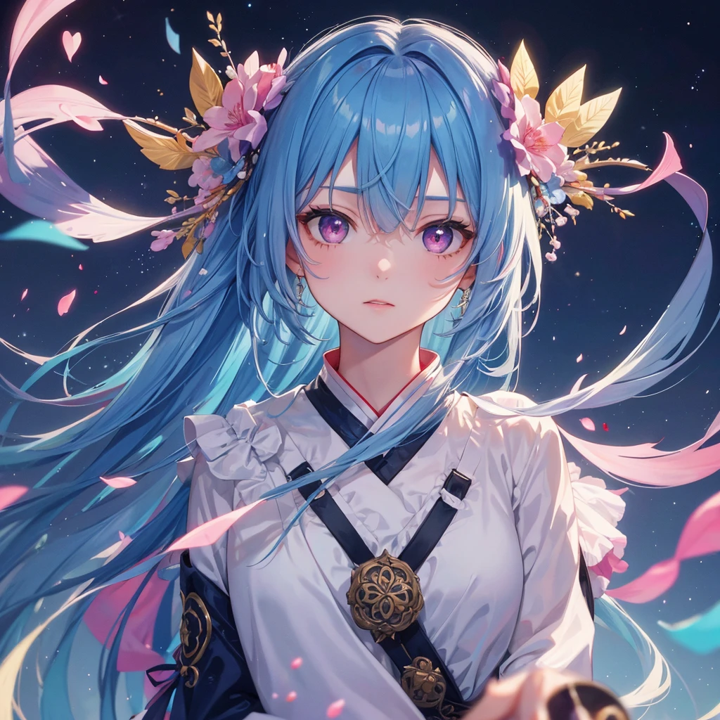 Sky blue hair, Braided Ponytail,(Pink Eyes),Fair skin ,(whole body),(One girl),Hanfu,Tanabata,(The beautiful, sparkling Milky Way in the night sky),Hollow Eyes,Straight bangs,(masterpiece, Highest quality, Very detailed, Best Shadow), (Detailed Background), (Beautifully detailed face), High Contrast, (Best lighting, Very delicate and beautiful), ((Cinematic Light)), colorful, Hyper Detail, Dramatic Light, Intricate details,