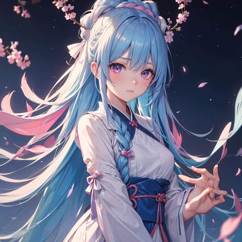 Sky blue hair, Braided Ponytail,(Pink Eyes),Fair skin ,(whole body),(One girl),Hanfu,Tanabata,(The beautiful, sparkling Milky Way in the night sky),Hollow Eyes,Straight bangs,(masterpiece, Highest quality, Very detailed, Best Shadow), (Detailed Background), (Beautifully detailed face), High Contrast, (Best lighting, Very delicate and beautiful), ((Cinematic Light)), colorful, Hyper Detail, Dramatic Light, Intricate details,