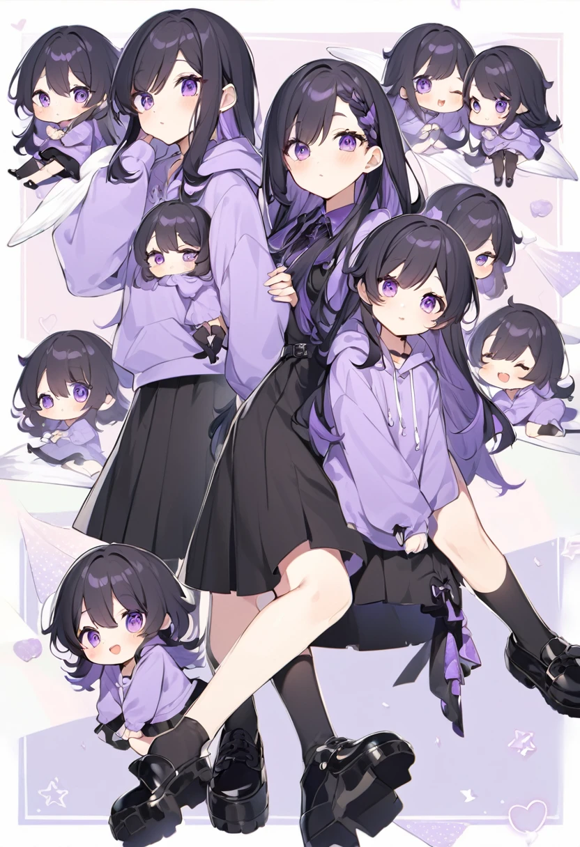 Keito。Purple hoodie。Black Skirt。Purple Eyes。Black Hair。Black shoes下。Black shoes。6 sistery eldest daughter has lavender hair.。all female。Sextuplets
