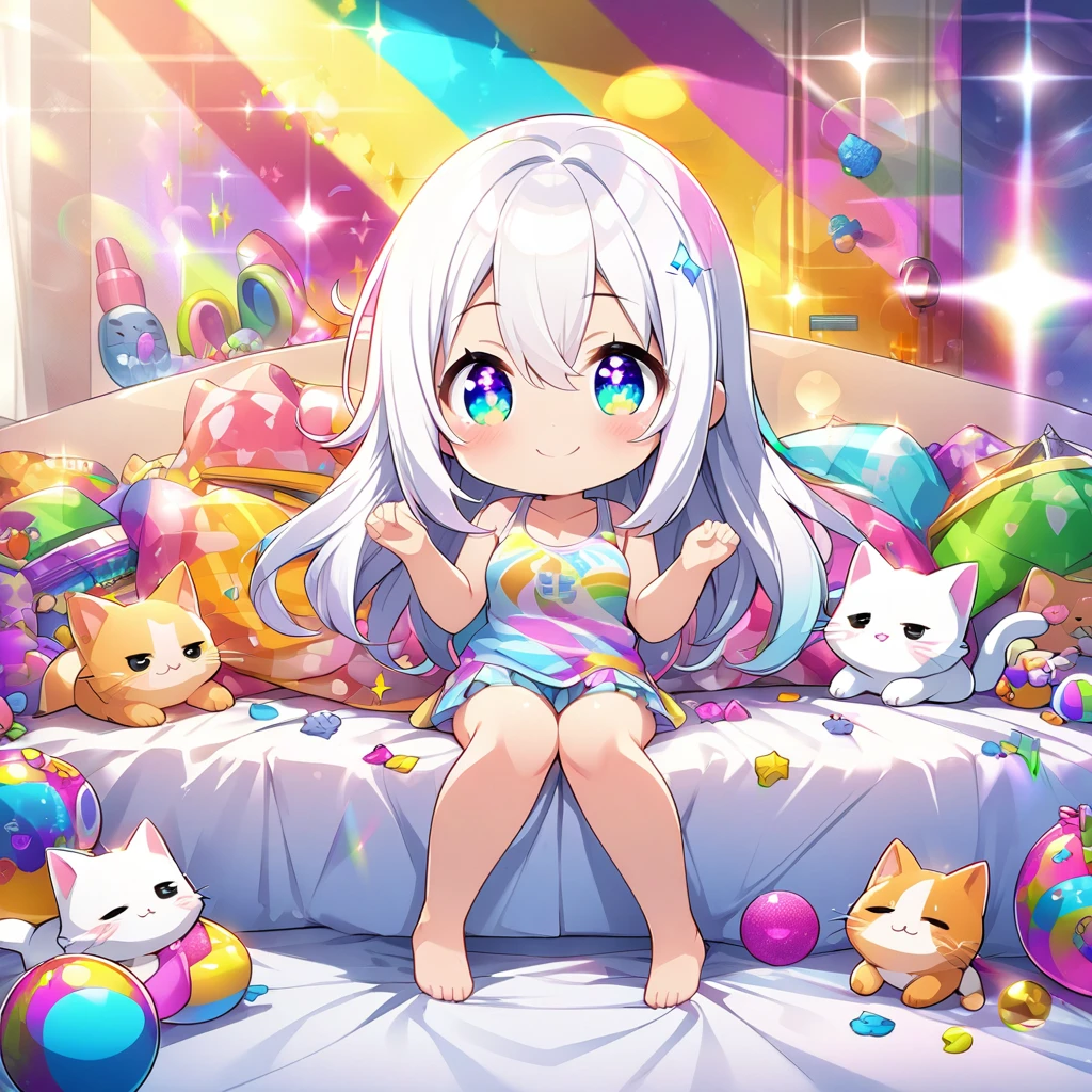 masterpiece, best quality, 4k、2D illustration、one beautiful girl、solo、(((chibi style)))、((vivid colors))、cute chibi、lovely chibi、long beautiful hair, glossy white hair, hair between eyes, cute、beautifully detailed eyes、((tank top))、((miniskirt))、((colorful))、((happy smile))、sitting on bed、((full body shot))、((kitten)), ((lots of colorful stuff around))、((bed))、sparkle、((lens flare))、