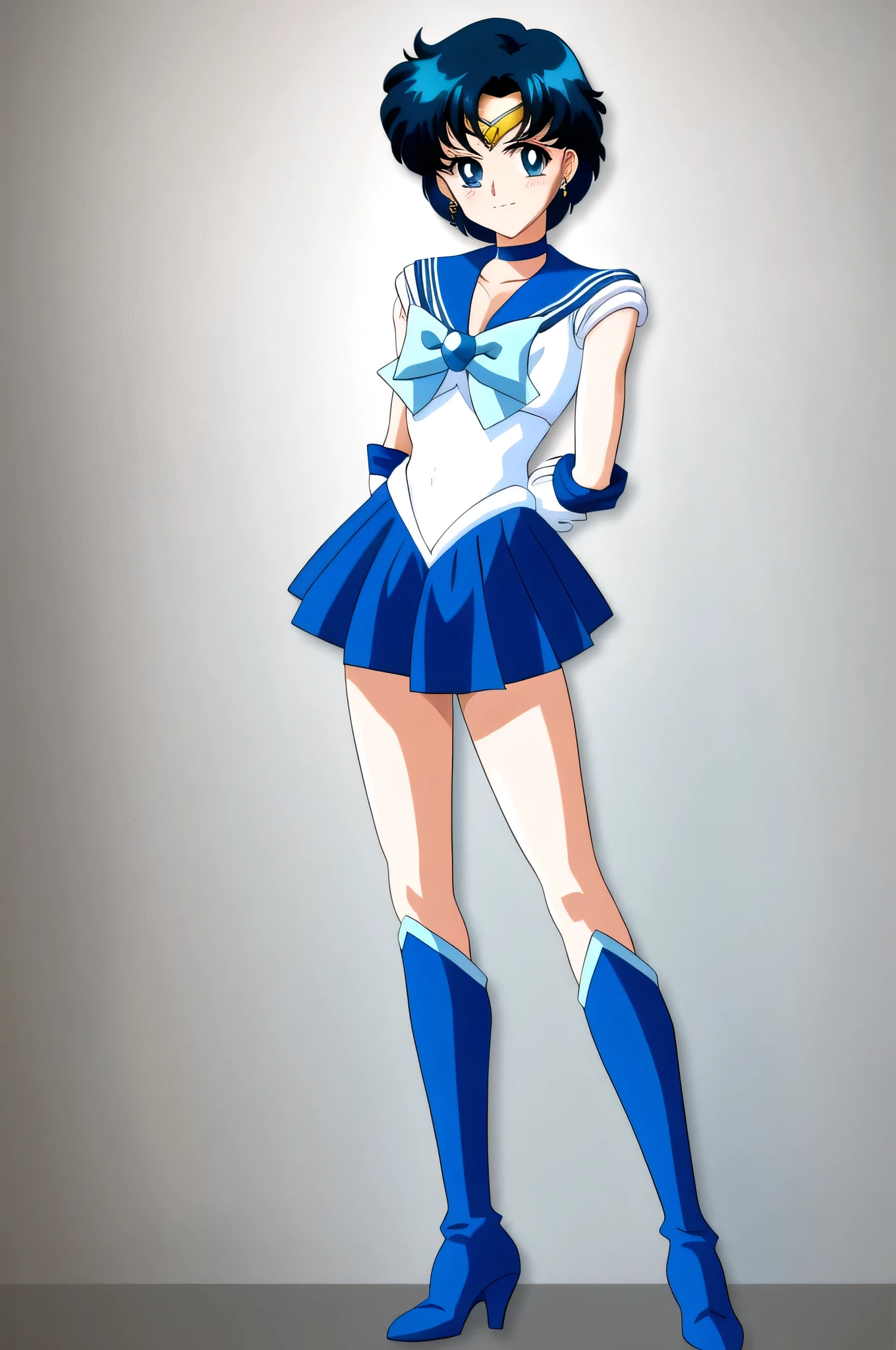 masterpiece、Highest quality、High resolution、Anime Boys、solo、Short Hair、Blue Hair、blue eyes、Earrings、White gloves、White leotard、High leg leotard、White Dresini skirt、Pleated skirt、Elbow hand pockets、Blue sailor collar、choker、brooch、sky blue bowtie、bow、Blue Skirt、Knee Boots、Full Body、High heel boots、Sailor Warrior Uniforms、looking at viewer、Cowboy Shot、Male focus、A golden circlet on the forehead、(male body:1.3)、Knee、1990s \(style\)、Sailor Mercury、handsome atmosphere、masculine atmosphere、