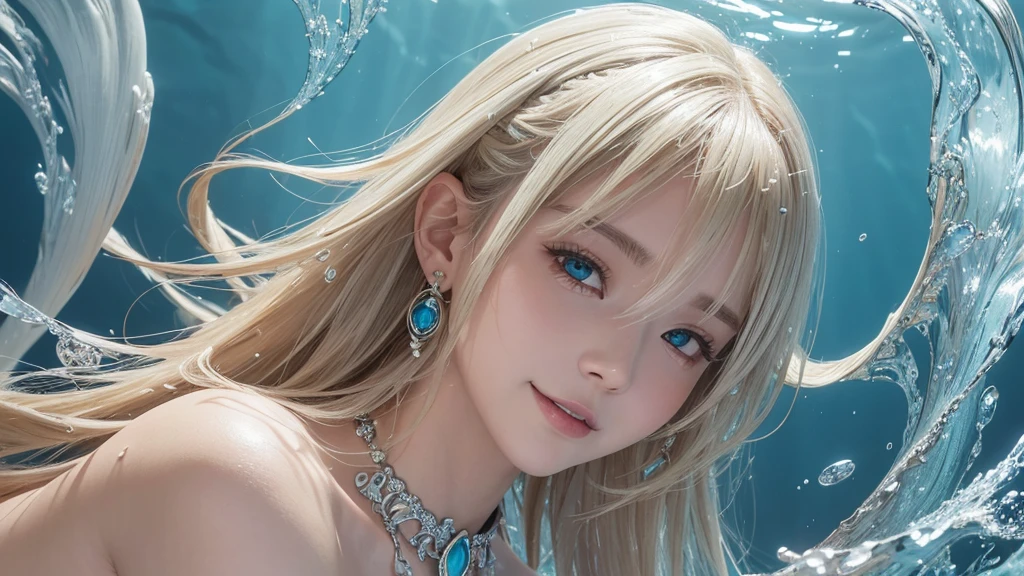 (Highest Quality Realistic Textured Skin),(terrible),(OK, round, Symmetrical eyes),Delicate facial features,(Burning bright cold eyes),(She has a mischievous smile),(Her face is kind and beautiful),Glass earrings in the ears,,(blonde),(Silvery white hair),(Chestnut Hair),(Swim at the bottom of the ocean),(Full body portrait:1.5),(Dramatic Photos:1.4),(Dramatic Pose),(Flashy photos)(look up),(Looking down),(Around her neck is a simple necklace made with exquisite craftsmanship.),Cluttered photos,(Hair flowing in water:1.5),(Underwater, Life at sea, 美しいCoral Reef, fish),(Background vortices and currents),(Dramatic Light),(Nice views),(美しいfishに囲まれて),遠くの背景にはCoral Reefに沈んだ寺院が見える,Coral Reef,Spectacular realism,Cinematic atmosphere,(High-density image review:1.5),(Soft colors:1.2),Very detailed,Dramatic Light,(Intricate details:1.1),Complex background,