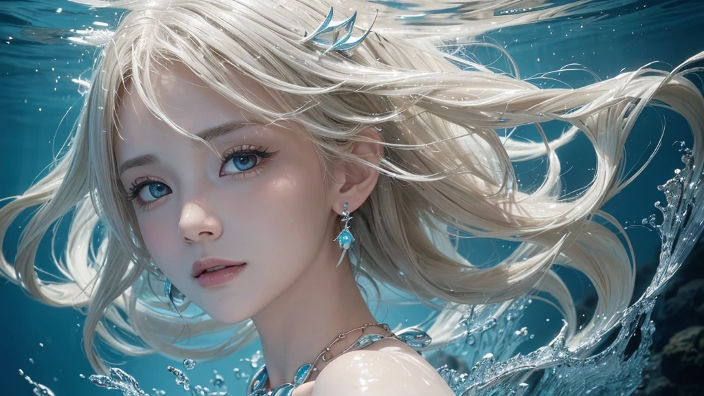 (Highest Quality Realistic Textured Skin),(terrible),(OK, round, Symmetrical eyes),Delicate facial features,(Burning bright cold eyes),(She has a mischievous smile),(Her face is kind and beautiful),Glass earrings in the ears,,(blonde),(Silvery white hair),(Chestnut Hair),(Swim at the bottom of the ocean),(Full body portrait:1.5),(Dramatic Photos:1.4),(Dramatic Pose),(Flashy photos)(look up),(Looking down),(Around her neck is a simple necklace made with exquisite craftsmanship.),Cluttered photos,(Hair flowing in water:1.5),(Underwater, Life at sea, 美しいCoral Reef, fish),(Background vortices and currents),(Dramatic Light),(Nice views),(美しいfishに囲まれて),遠くの背景にはCoral Reefに沈んだ寺院が見える,Coral Reef,Spectacular realism,Cinematic atmosphere,(High-density image review:1.5),(Soft colors:1.2),Very detailed,Dramatic Light,(Intricate details:1.1),Complex background,