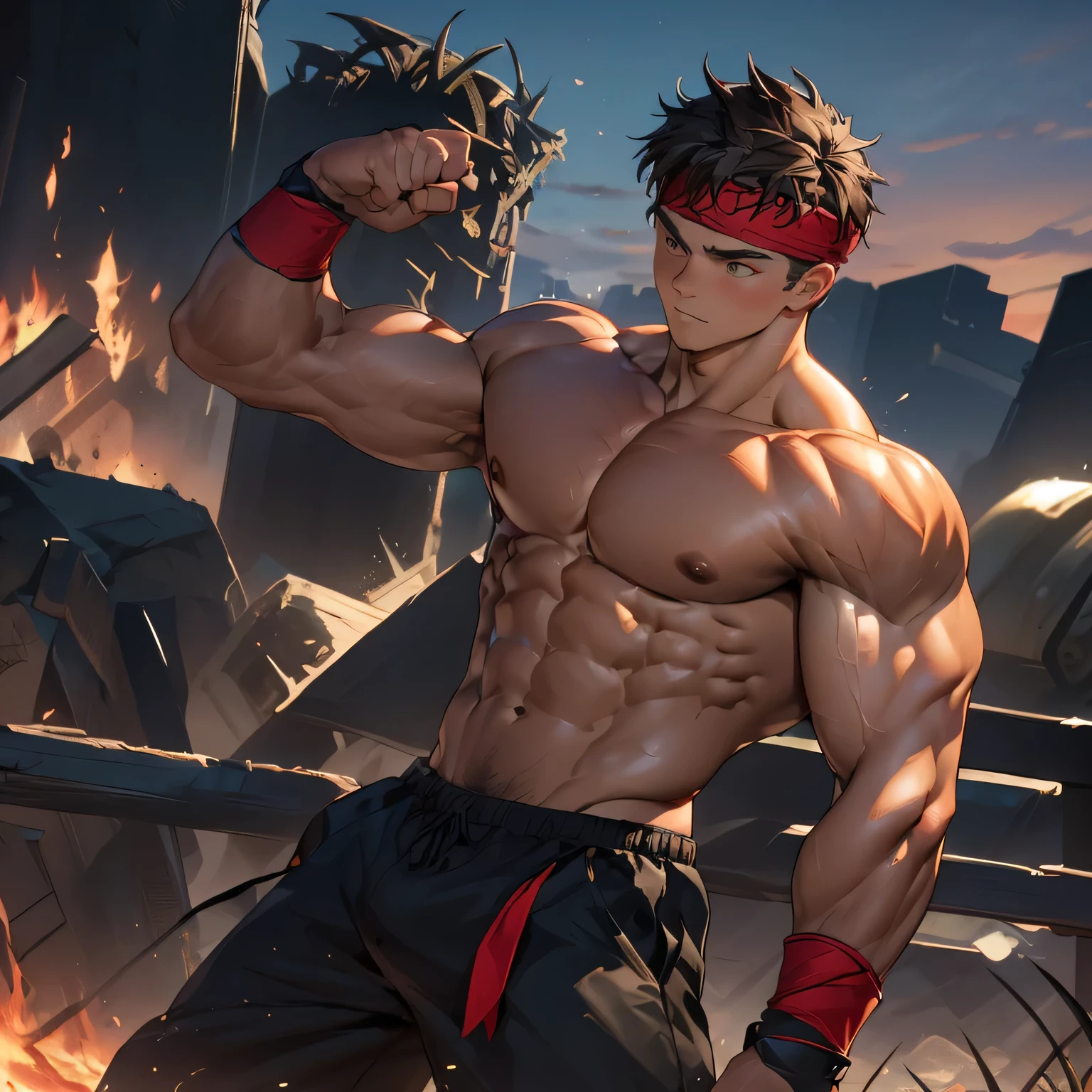 (Masterpiece, Best quality  boy, night background), ((((solo)))), Young, boy, muscler, Shirtless, (Dark Short straight hair, short bangs, ((almost completely shaved hair)), under cut, brown eyes), (red headband, ((fingerless grobe, black wristband))), ((hot Abs:1.2, big breast:1.2, upper arms, ((beautiful skin, jacked muscle, beautiful musculature, aesthetic striations, inspirational physique, lean muscle, beautiful v-taper, great abs and torso, chiseled abs, chiseled pecs)))), Vivid colors, detailed face, detailed muscle, (((rippling muscles, struggle, combats pose, fighting pose, fearless smile, battle pose, martial arts stance, ready to fight, in front of huge fat monster, side view)))