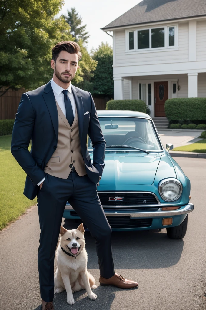 handsome man, on the side of a car , and in the background a beautiful house and a dog