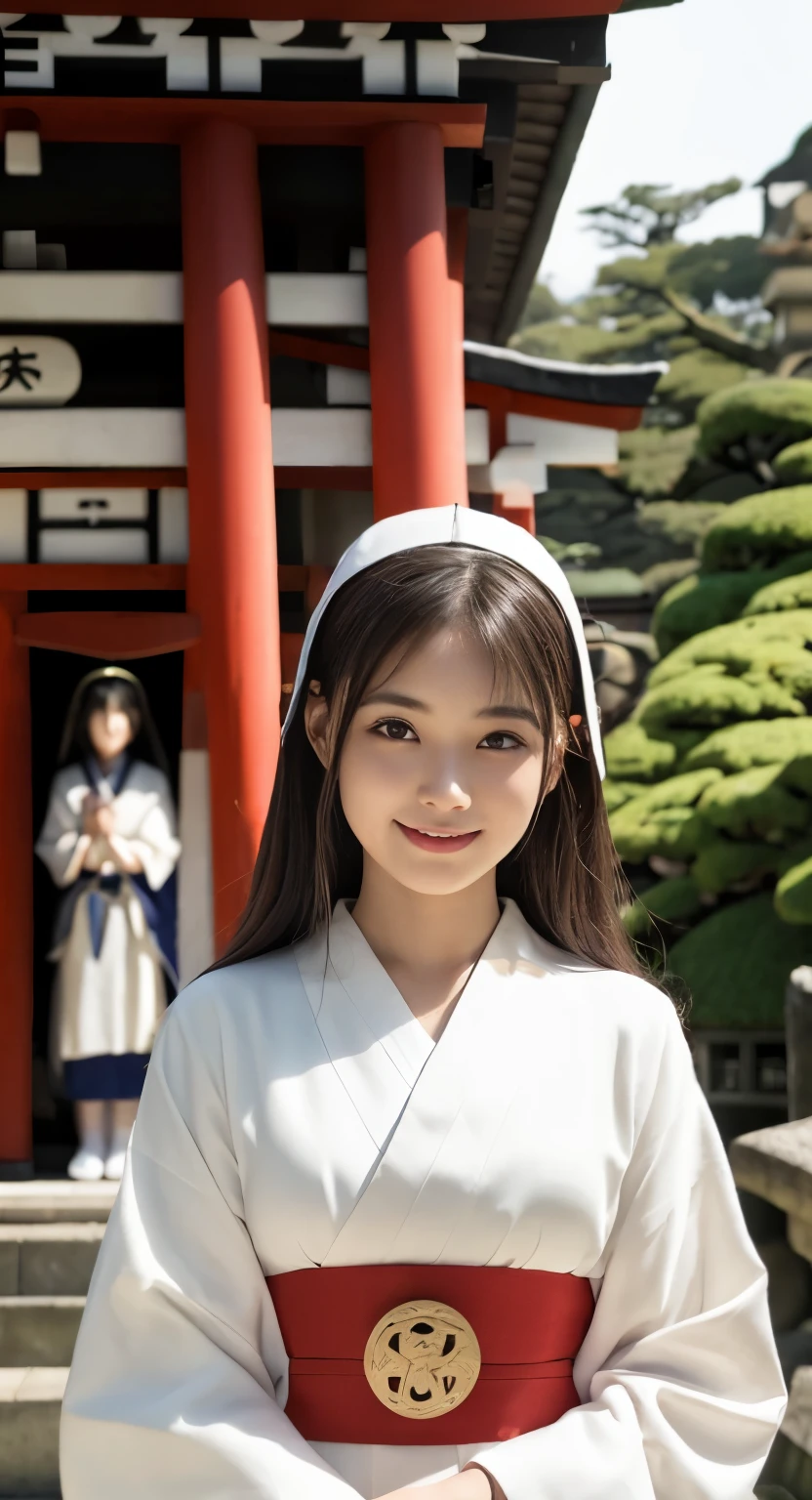 (Highest quality、masterpiece:1.2)、Highest quality、Realistic、photograph、High resolution、1080P、8K、Textured skin、Physical Rendering、 Japanese women、、cute、Young Face、Roll Hair、(Japan shrine priestess costume:1.5 )、Japanese temple grounds、shy、smile、big