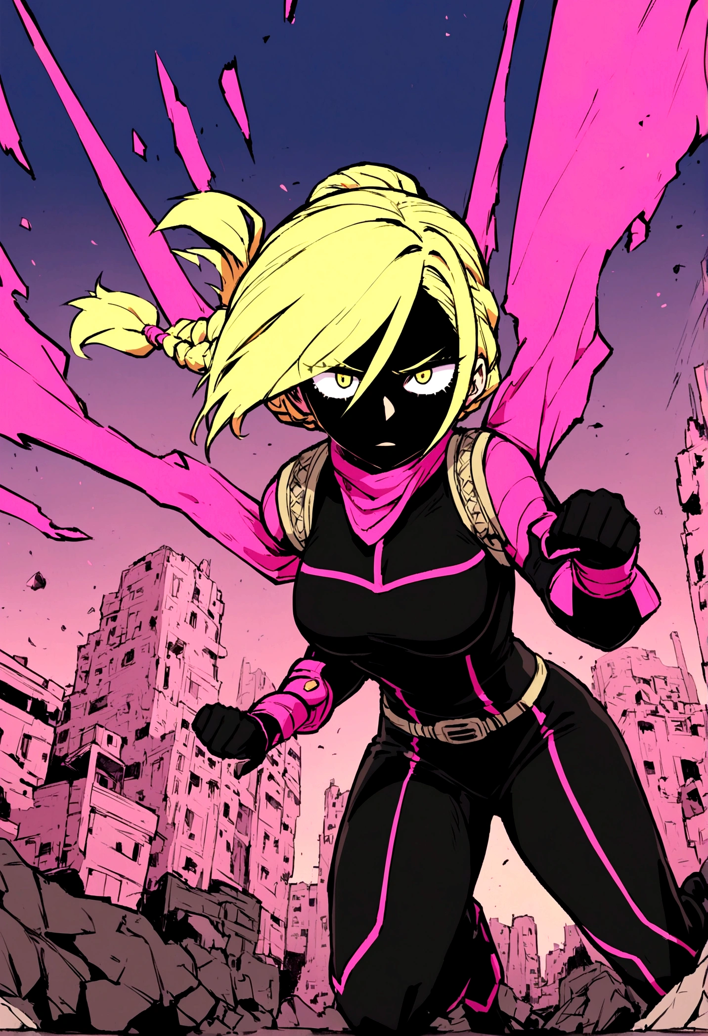 A female character. With the Boku no Hero Academia style. slanted eyes, very strong yellow color. She wears a black jumpsuit, with pink details on the arms, that shines a pink light from the details, a black ninja mask that covers your neck and entire face, taking your eyes off, who has a serious and cold expression, hair tied in braid hairstyle, without bangs, very strong red color. With a destroyed city background, and she on top of the ruins of a building, you can fight 