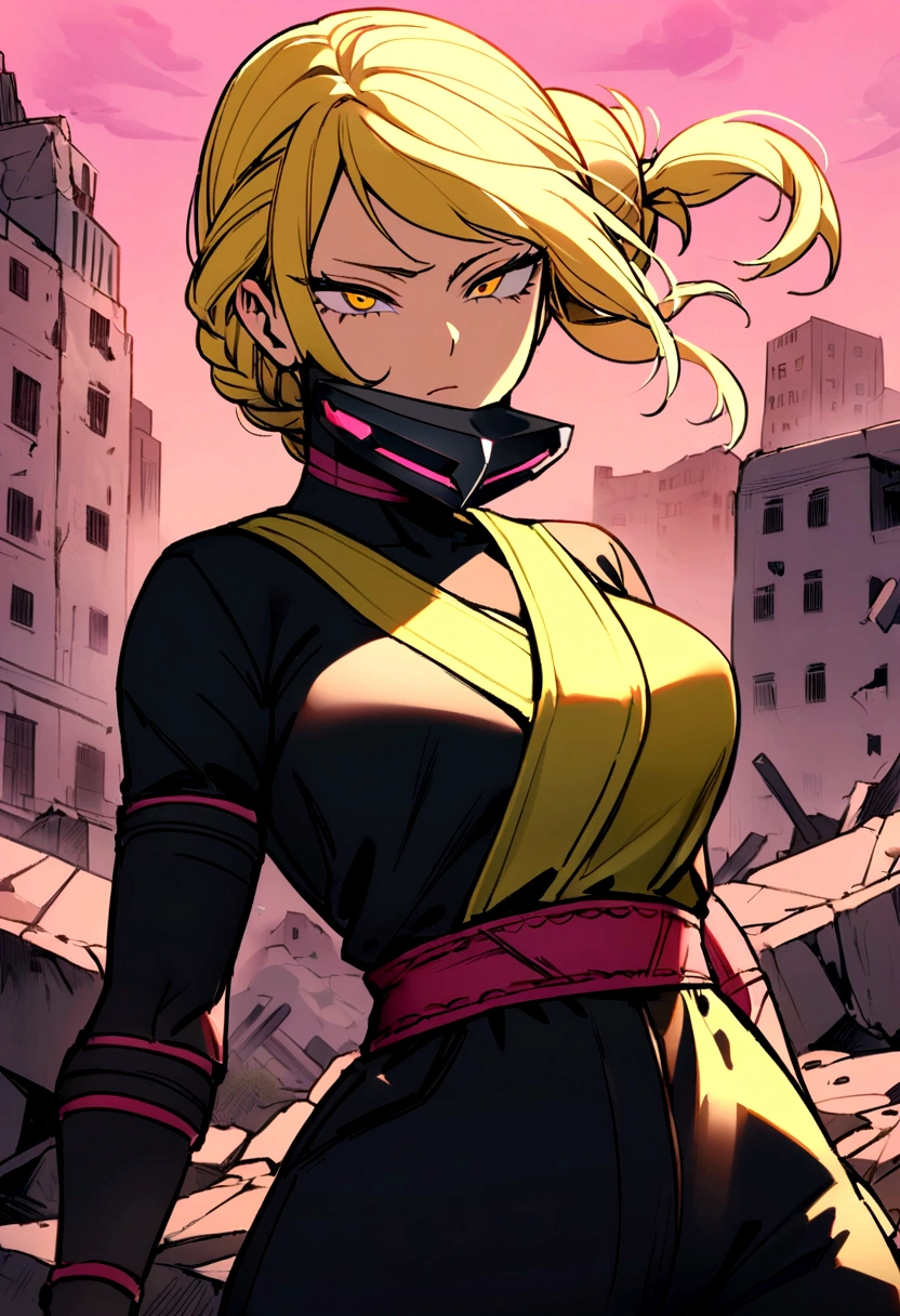 A female character. With the Boku no Hero Academia style. slanted eyes, very strong yellow color. She wears a black jumpsuit, with pink details on the arms, that shines a pink light from the details, a black ninja mask that covers your neck and entire face, taking your eyes off, who has a serious and cold expression, hair tied in braid hairstyle, without bangs, very strong red color. With a destroyed city background, and she on top of the ruins of a building, you can fight