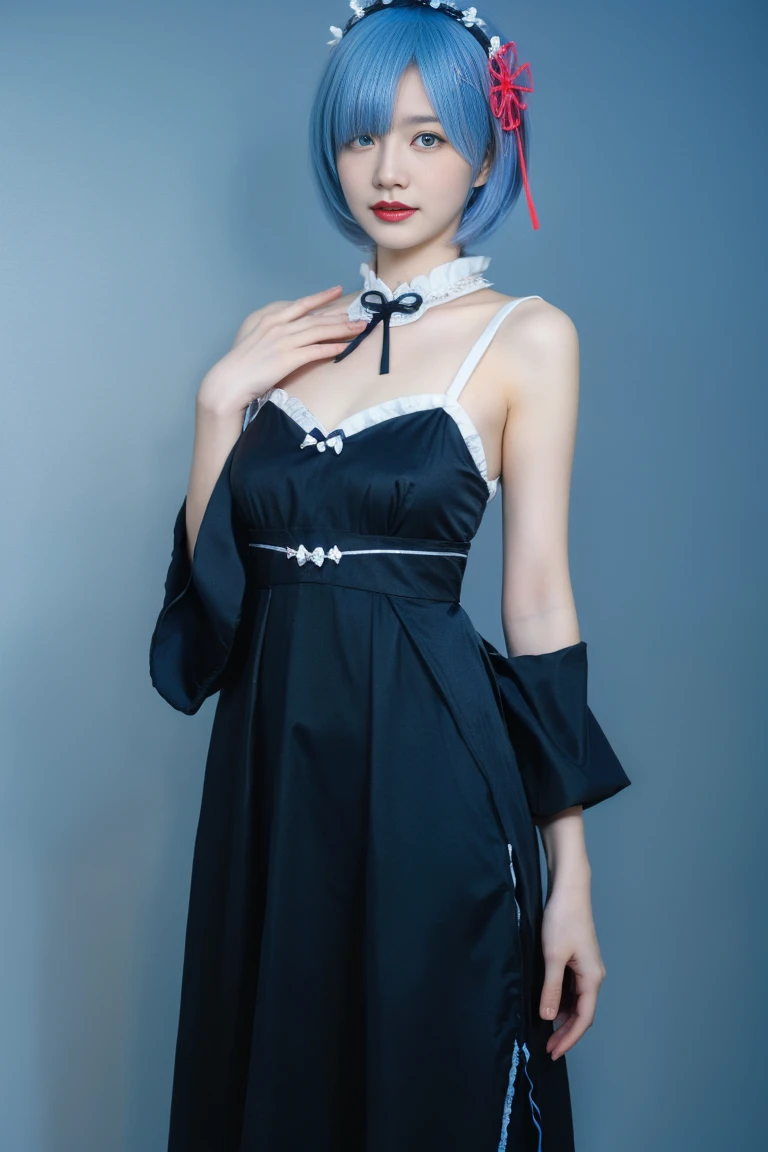 best quality, tmasterpiece,Ultra-high resolution,Clear face,(Reality:1.4),ferpect lighting,(upper body:1.3), (photorealistic:1.50), anime wallpaper, Guviz style artwork, cover-up fantasy up to magic , by Yang J, Guviz, beautiful artwork illustration, beautiful digital artwork, beautiful digital illustration, Li Song, beautiful anime portrait, art style in Beauvot, black nightgown, see-through, yinziping,1girl, 独奏, (blue hair:1.5), short hair, hair ornament, hair ribbon, anklet, dress, black hair, standing, (Chinese dress:1.3), black dress, Hanfu,