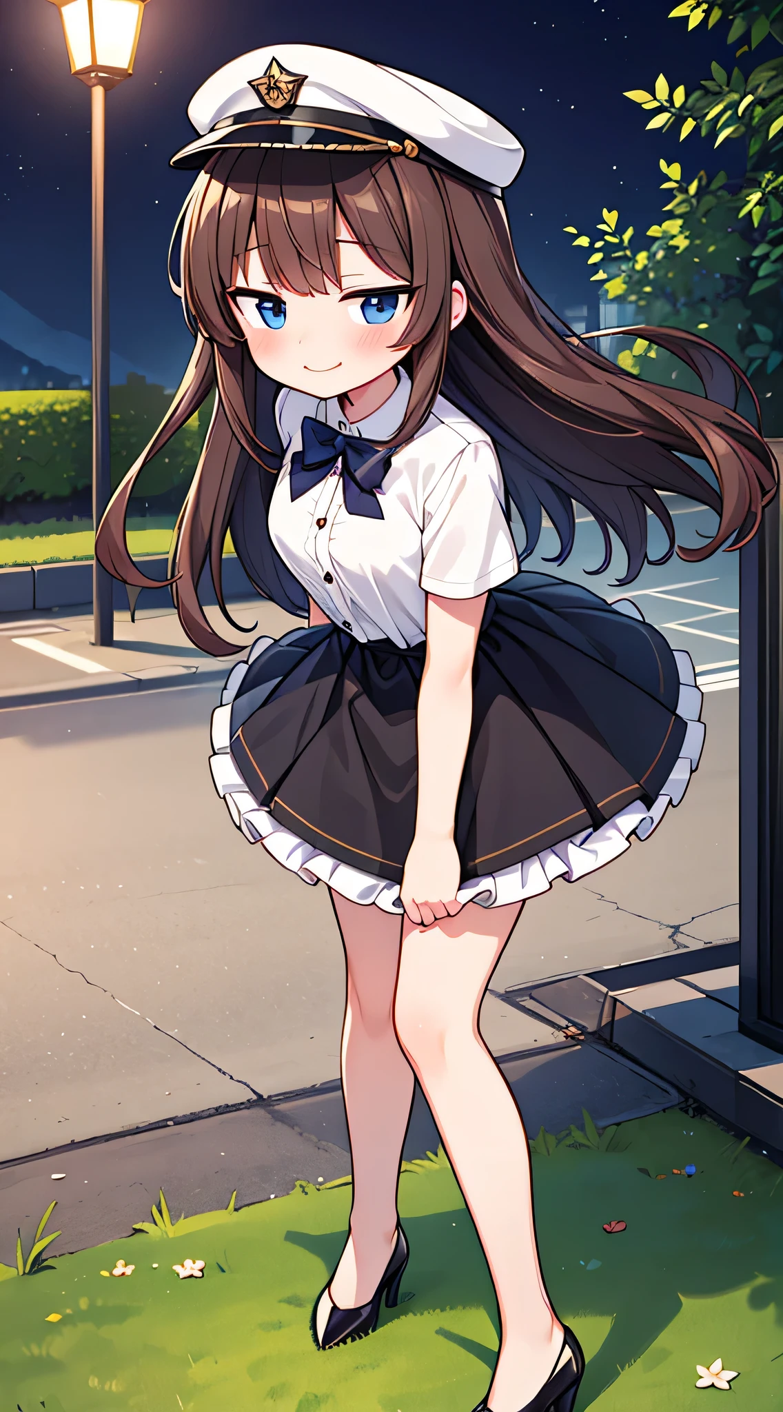 {Highest quality}, {Super beautiful},{Ultra fine},{Best illustration},Brown Hair,Hime cut,semi-long,Bangs,Standing Woman,Uniform cap,White Shirt,Short sleeve,Long black skirt,Night Park,Embarrassed,smilingly,Blushing,Slender women, A woman wearing plain black pumps,Bare feet and pumps,From an angle,From above,pose