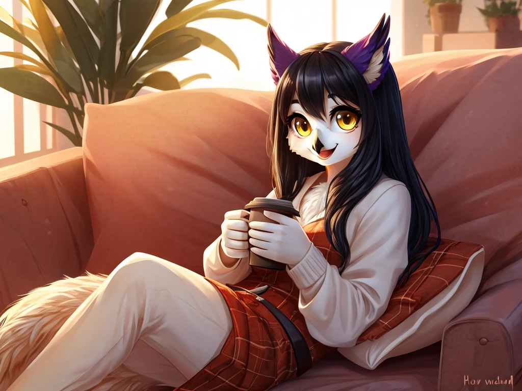 Solo, Female, species:owl, yellow eyes, purple feathers, long hair, black hair, cute face, happy, full body, lounging on couch, relaxed, holding cup of coffee
