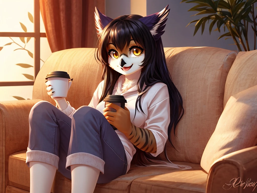 Solo, Female, species:owl, yellow eyes, purple feathers, long hair, black hair, cute face, happy, full body, lounging on couch, relaxed, holding cup of coffee