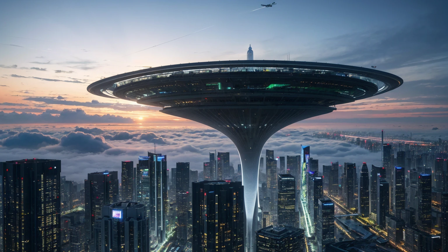(Best quality,4K,8K,A high resolution,Masterpiece:1.2),Ultra-detailed,(Realistic,Photorealistic,photo-realistic:1.37),Futuristic floating city,Futuristic technology,Huge urban high-tech tablet platform,Airship,Floating in the sky,Futuristic city,Small airships around,High-tech hemispherical platform,Colorful lights,Advanced architecture,modernn architecture,skyscrapper,Access the cloud,Scenic beauty,view over city,Impressive design,Blend seamlessly with nature,energetic and vibrant atmosphere,Futuristic transportation system,Parking is suspended,Transparent path,Lush greenery,Sky gardens,cascading waterfalls,Magnificent skyline,reflections on the water,Sparkling river,Architectural innovation,futuristic skyscrapers,Transparent dome,The shape of the building is unusual,Elevated walkway,Impressive skyline,Glowing lights,Futuristic technology,Minimalist design,Scenic spots,Panoramic view,Cloud Piercing Tower,Vibrant colors,epic sunrise,epic sunset,Dazzling light display,magical ambiance,The future city,Urban Utopia,LuxuryLifestyle,Innovative energy,sustainable development,Smart city technology,Advanced infrastructure,Tranquil atmosphere,Nature and technology live in harmony,Awesome cityscape,Unprecedented urban planning,Architecture connects seamlessly with nature,High-tech metropolis,A cutting-edge engineering marvel,The future of urban living,Visionary architectural concept,Energy-efficient buildings,Harmony with the environment,A city floating above the clouds,Utopian dreams become reality,The possibilities are endless,State-of-the-art transportation network,Green energy integration,Innovative materials,Impressive holographic display,Advanced communication system,Breathtaking aerial view,Quiet and peaceful environment,Modernist aesthetics,Ethereal beauty