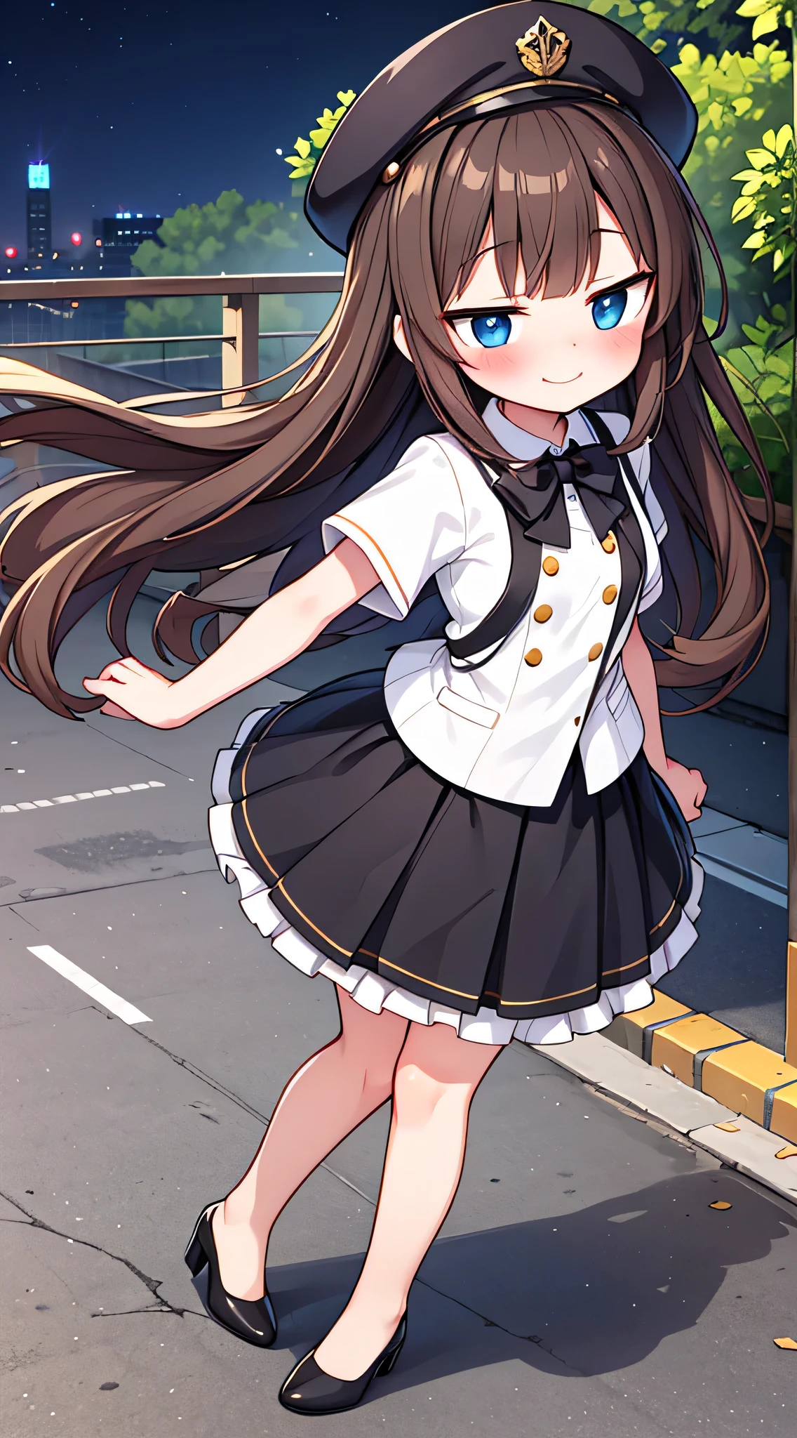 {Highest quality}, {Super beautiful},{Ultra fine},{Best illustration},Brown Hair,Hime cut,semi-long,Bangs,Standing Woman,Uniform cap,White Shirt,Short sleeve,Long black skirt,Night Park,Embarrassed,smilingly,Blushing,Slender women, A woman wearing plain black pumps,Bare feet and pumps,From an angle,From above,pose