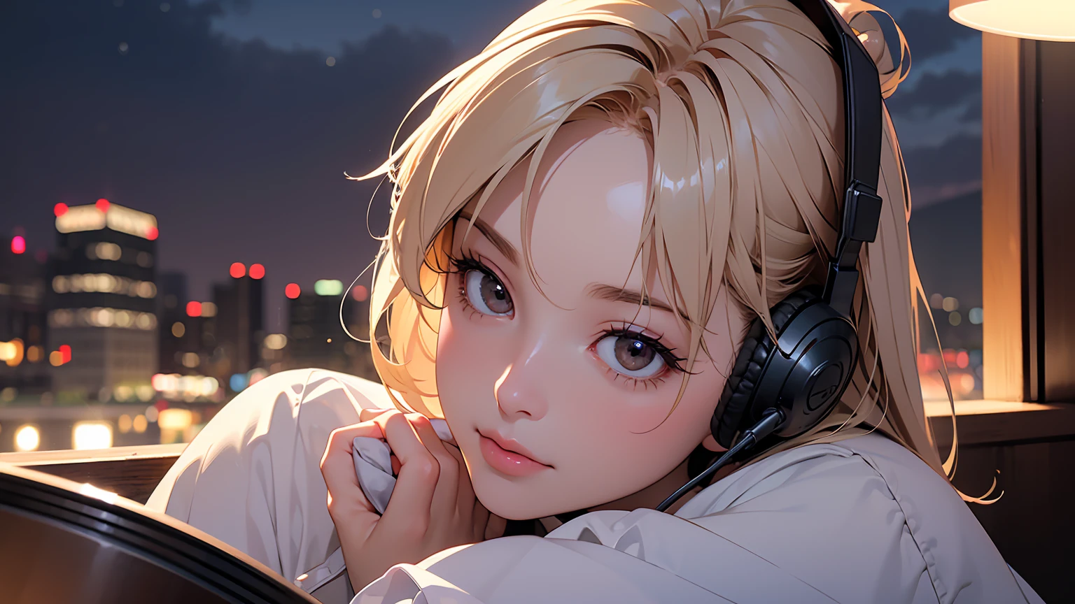 masterpiece、high resolution 8k、NSFW、sharp focus、contrast lighting、fine skin、muste piece、 highest quality、Ultra - High resolution、Super high resolution、Highly detailed CG,  realisticlying, 1 girl, Beautiful, wearing headphones, enjoying hot coffee solo, Late Night Cafe, looking to viewer, city, starry sky, cloud, night.