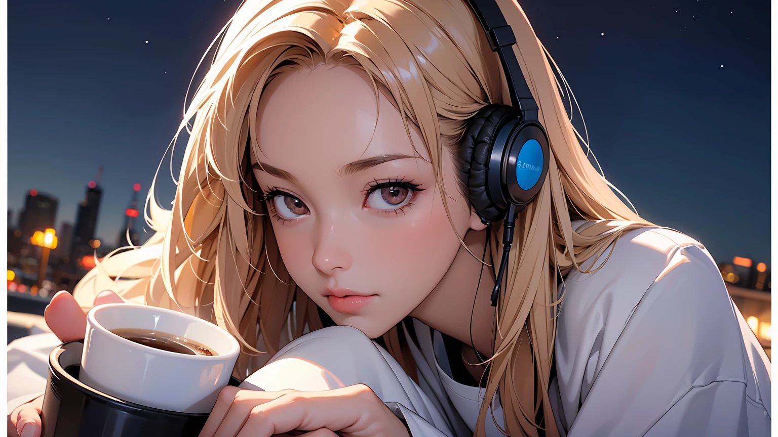 masterpiece、high resolution 8k、NSFW、sharp focus、contrast lighting、fine skin、muste piece、 highest quality、Ultra - High resolution、Super high resolution、Highly detailed CG,  realisticlying, 1 girl, Beautiful, wearing headphones, enjoying hot coffee solo, Late Night Cafe, looking to viewer, city, starry sky, cloud, night.