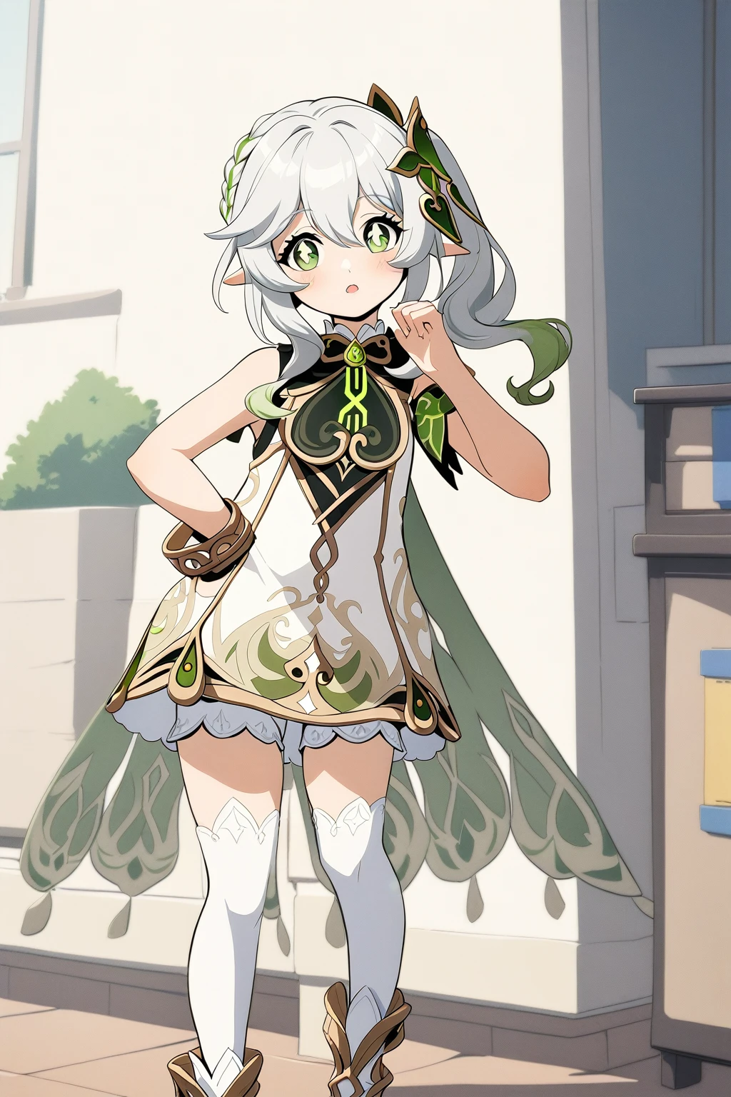 1 Girl,Nashida \(Genshin Impact\),,Front Miniskirt,Shooting Shirt,sleeveless, bow,White stockings,Stand in front of the school, Retro art style,