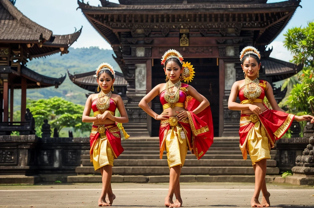 Beautiful Balinese dancers in traditional Balinese clothing, temple and temple background