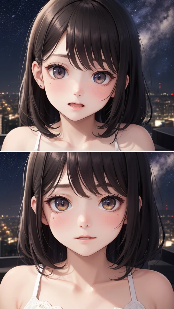 High detail, Super detailed, Ultra-high resolution,A girl whose face went red after being confessed to on the roof of a building, The background is a beautiful starry sky with colorful stars., looking at the camera, Delicate face, Add a playful touch ,Embarrassed face、Short black hair、Embarrassed face、I love you so much, I&#39;m happy、Angle of view that looks like you&#39;re peering in from below、Wide-angle lens