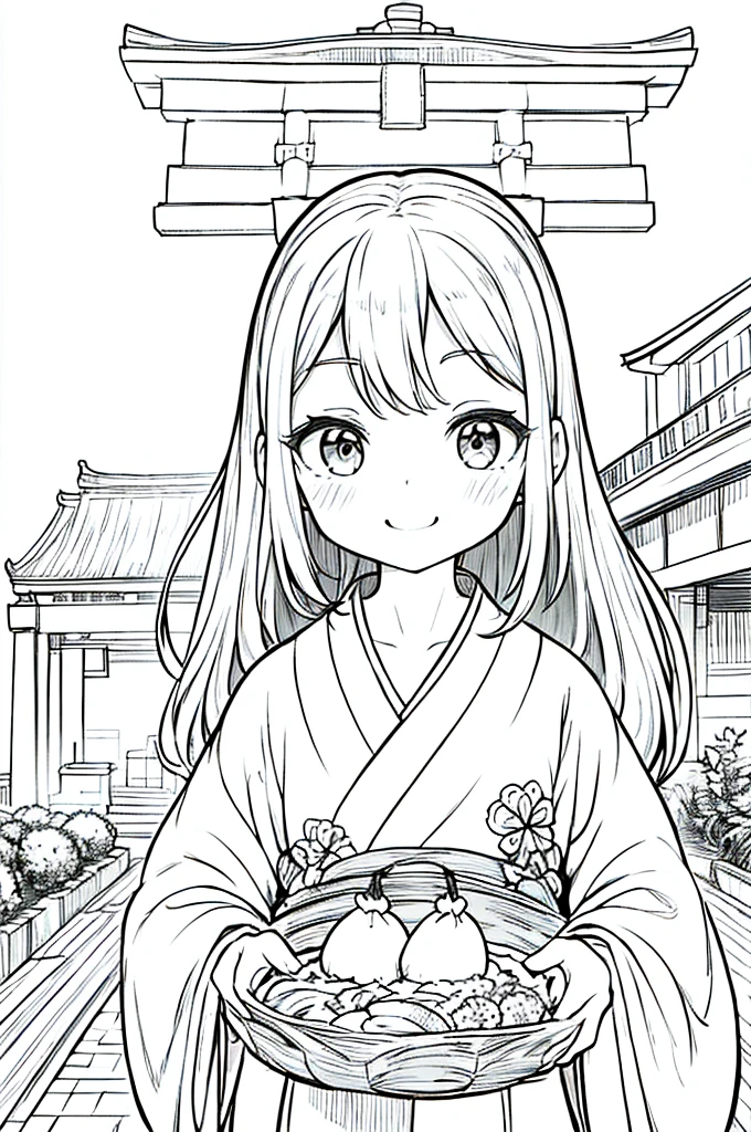 As a coloring book, the color should be black and white, the border should be simple, clear, and bold. A cheerful Asian girl with bright eyes and a mischievous smile is playfully posing in front of the iconic [Fushimi Inari-taisha Shrine] in Kyoto, Japan. She is dressed in a vibrant [kimono with fox pattern], the bold orange and white colors complementing the vermilion torii gates that line the path. The girl's hands are clasped in a playful gesture, and her hair is adorned with a traditional [kanzashi hair ornament].